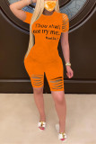 Orange Fashion Casual Printed Short Sleeve Shorts Set