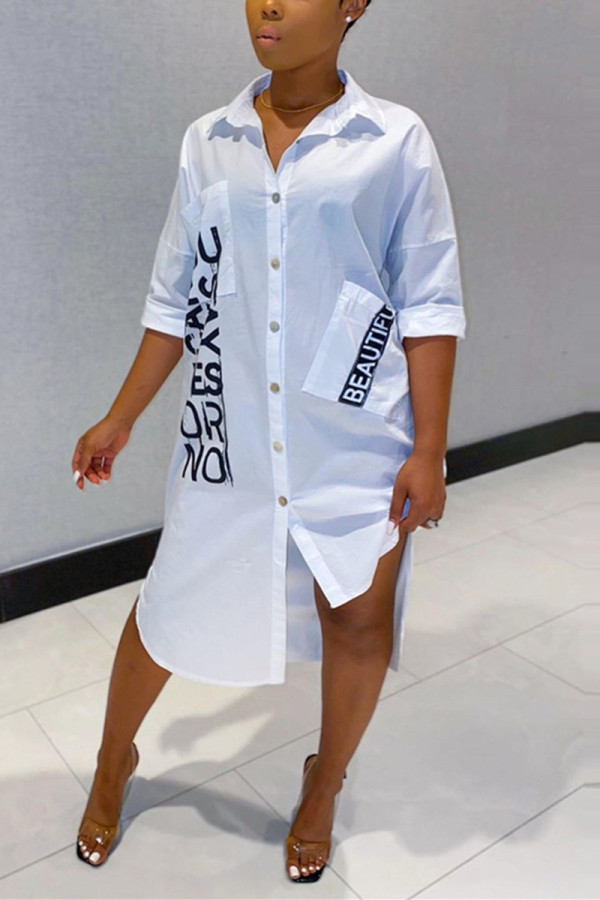 White Casual Letter Printed Loose Shirt Dress