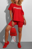 Red Fashion Casual Printed Short Sleeve Shorts Sports Set