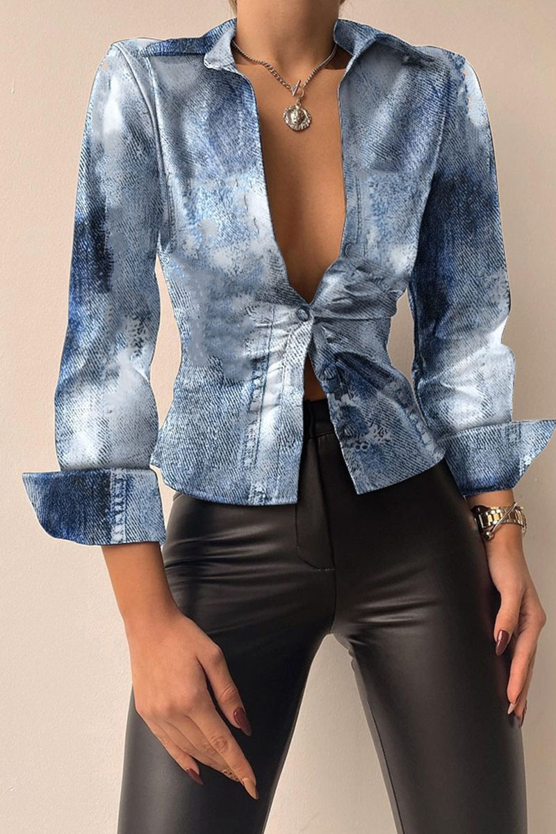 The cowboy blue Casual Print Patchwork Buckle Turndown Collar Tops
