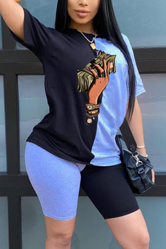 BlackBlue Fashion Printing T-shirt Patchwork Set