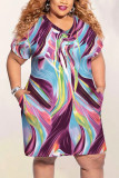 Purple Fashion Casual Printed Short Sleeve Plus Size Dress
