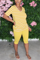 Yellow Fashion Casual Striped Print T-shirt Pants Set
