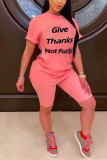 Pink Fashion Casual Printed Short Sleeve Top Set