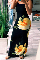 Yellow Fashion Casual Off The Shoulder Sleeveless Slip Step Skirt Floor-Length Floral Striped Col