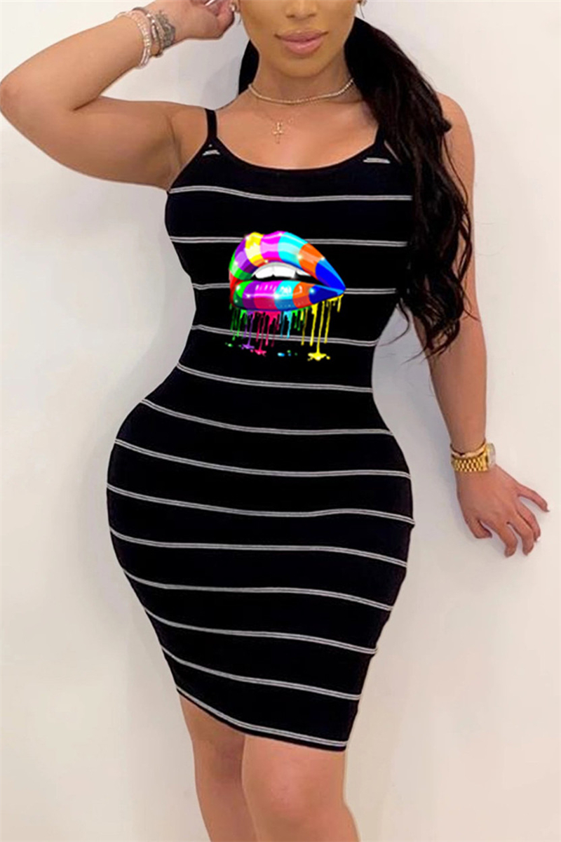 

Black Sexy Lip Stripe Print Sling Backless Dress