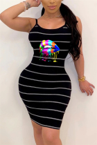 Black Sexy Lip Stripe Print Sling Backless Dress