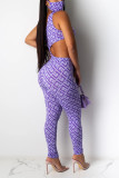 Purple Sexy Fashion Printed Tights Romper Trousers Set
