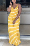 Yellow Sexy Fashion Spaghetti Strap Sleeveless Slip Step Skirt Ankle-Length Striped Solid Casual