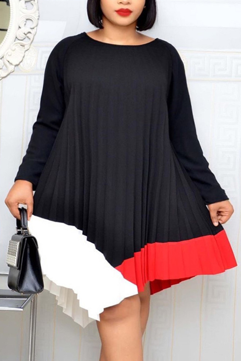 

Red Fashion Sexy Stitching Long Sleeve Plus Size Dress