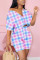 Pink Fashion Casual Plaid Short-sleeved Top Two-piece Set