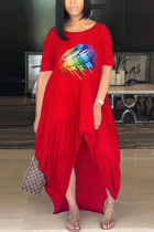 Red Fashion Printing Loose Irregular Dress