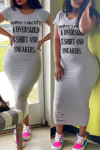Grey Fashion Casual Printed Short Sleeve Dress