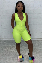 Fluorescent green Sexy Fashion zipper Patchwork Solid Sleeveless V Neck Rompers