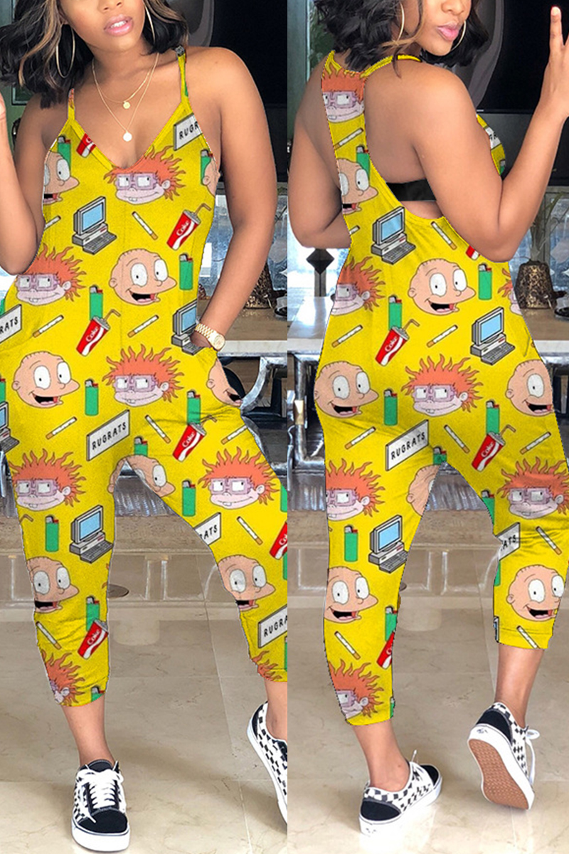 Fashion Cartoon Printed Green Sling Jumpsuit