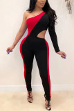 Red Sexy Oblique Shoulder Single Sleeve Jumpsuit