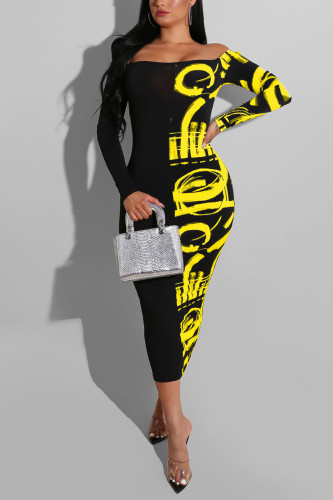 Yellow Sexy Fashion adult Off The Shoulder Long Sleeves One word collar Step Skirt Mid-Calf Patch