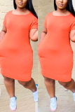 Orange Fashion Casual Round Neck Short Sleeve Dress