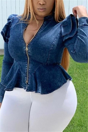 Blue Fashion Plus Size Zipper Denim Coats