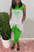 Green Fashion Casual Striped Letters Printing Sleeveless Set