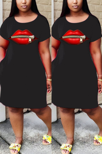 Black Sexy Fashion Lips Print Short Sleeve Dress