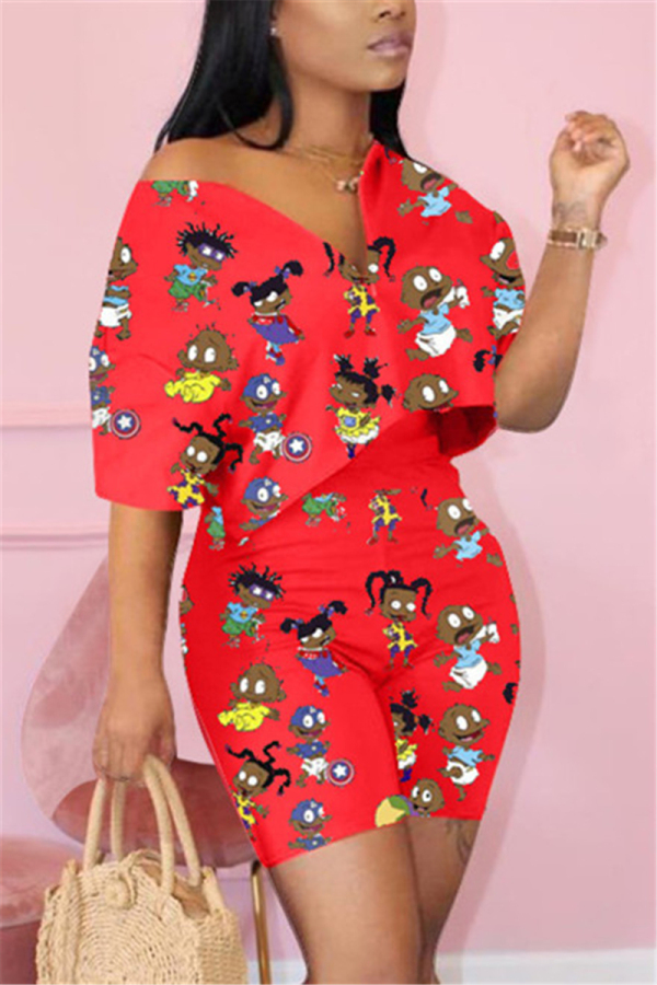 Red Fashion Casual Cartoon Printed Two-piece Set