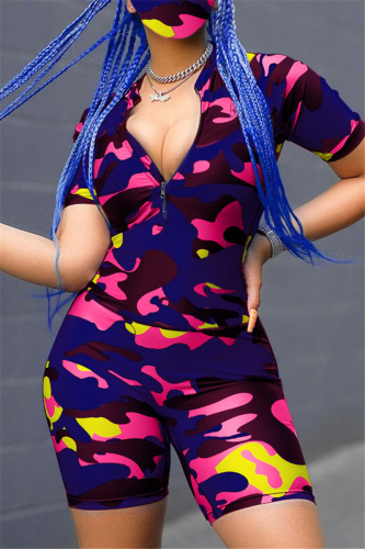 Dark Blue Fashion Camouflage Printed T-shirt Shorts Set