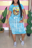Blue Rainbow Color Casual Printed Short-sleeved Midi Dress
