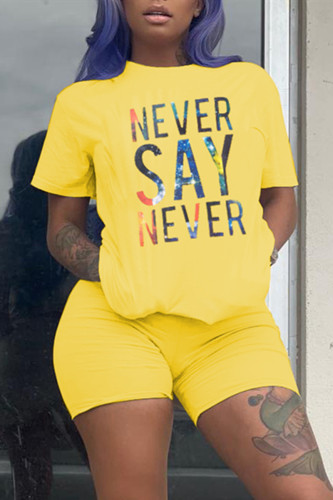 Yellow Fashion Casual Printed Short Sleeve Top Sports Set