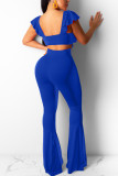 Blue Sexy Backless Wide Leg Flared Jumpsuit