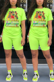 Fluorescent green Fashion Casual Printed Short Sleeve Sports Set