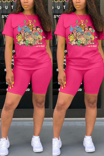 Rose Red Fashion Casual Cartoon Printed T-shirt Shorts Set