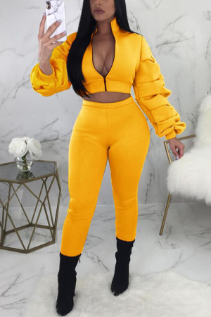 Yellow Fashion Casual Puff Sleeve Solid Two Pieces