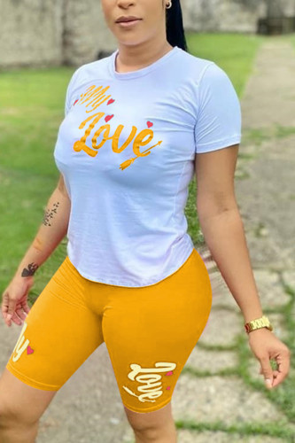 Yellow Fashion Casual Printed Short Sleeve Shorts Set