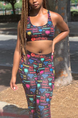 Black Fashion Print Vest Trousers Sports Set