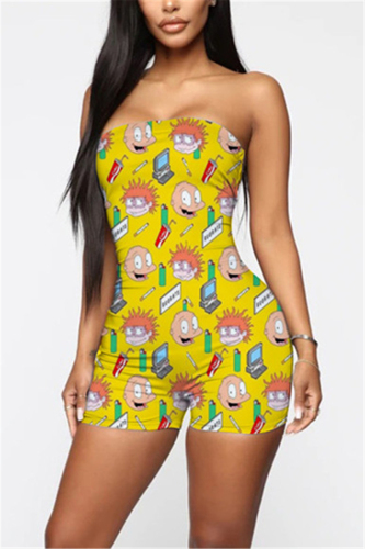 Yellow Sexy Fashion Cartoon Printed Strapless Jumpsuit