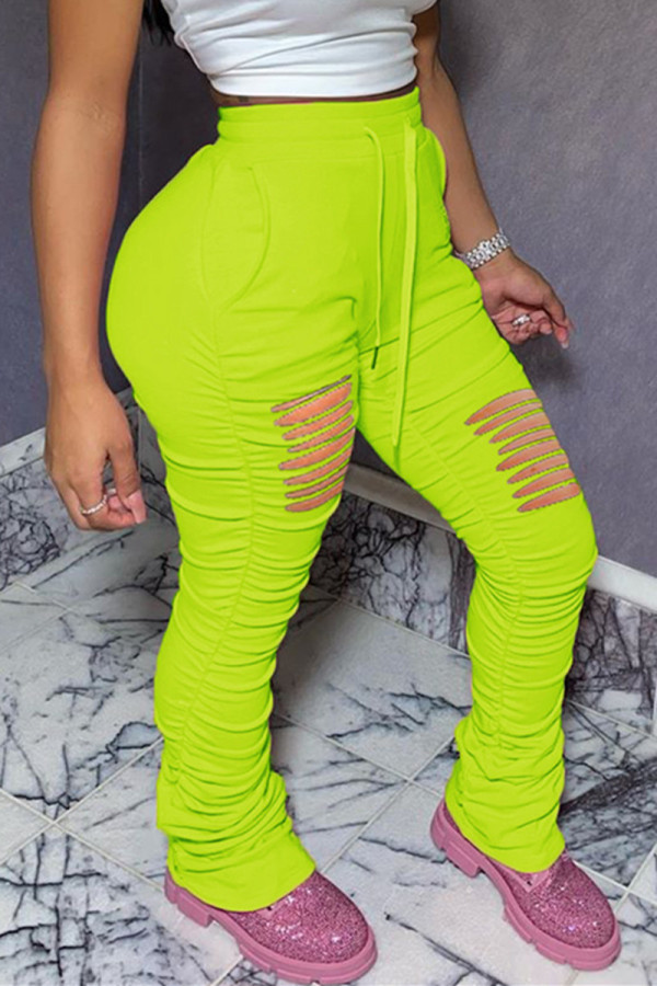 Fluorescent green Fashion Sexy Broken Hole Slim Trousers