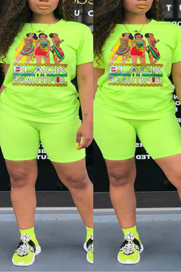 Fluorescent green Fashion Casual Printed Short Sleeve Plus Size Set