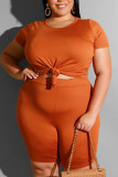 Orange Fashion Casual Short Sleeve Top Plus Size Set
