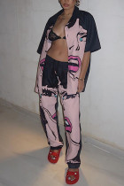 Pink Fashion Casual Printed Short Sleeve Trouser Set
