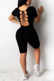 Black Sexy Fashion Hollow Solid Backless bandage Short Sleeve Turndown Collar Rompers
