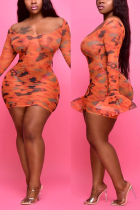 Orange Sexy Print Mesh Perspective Plus Size Dress
