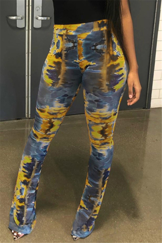Yellow Fashion Sexy Mesh Printed Trousers