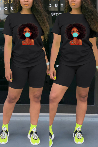 Black Fashion Casual Printed T-shirt Sports Set