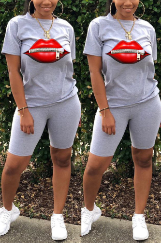 Grey Fashion Casual Lips Print T-shirt Shorts Set