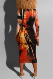 Red Tie-Dye Printed V Neck Tight Fitting Hip Sexy Dress