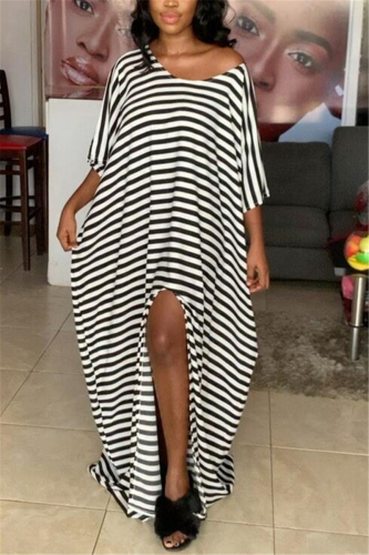 White Fashion Striped Print Off Shoulder Dress