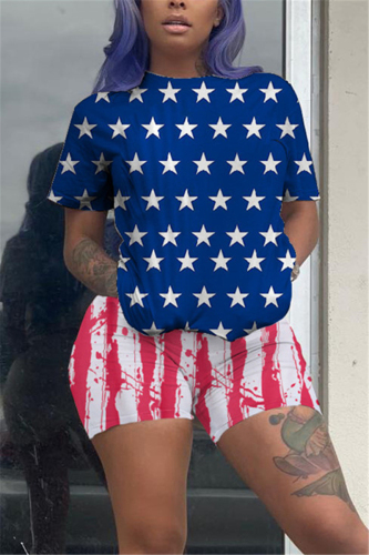 Blue Fashion Printed T-shirt Shorts Casual Set