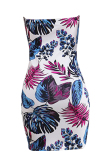 Blue Fashion Sexy Off The Shoulder Sleeveless Wrapped chest Hip skirt Mini Print 