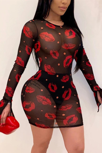 Black Sexy Perspective Mesh Lip Print Dress